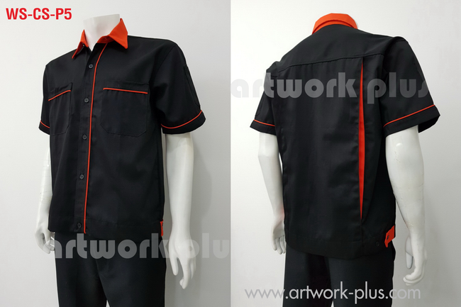 เสื้อช็อปสำเร็จรูป, เสื้อพนักงานแขนสั้น ,เสื้อช่างโรงงาน, เสื้อสีดำแต่งส้ม, WS-CS-P5